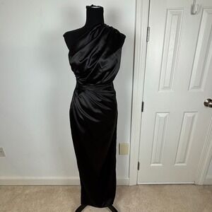 Petal & Pup Black Satin One Shoulder Maxi Dress Ruched Slit US 2